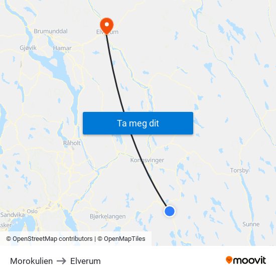 Morokulien to Elverum map