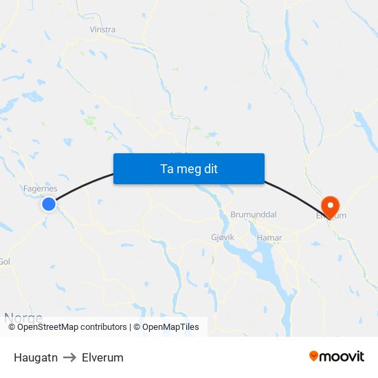 Haugatn to Elverum map