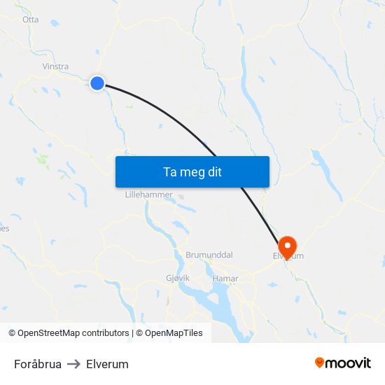 Foråbrua to Elverum map