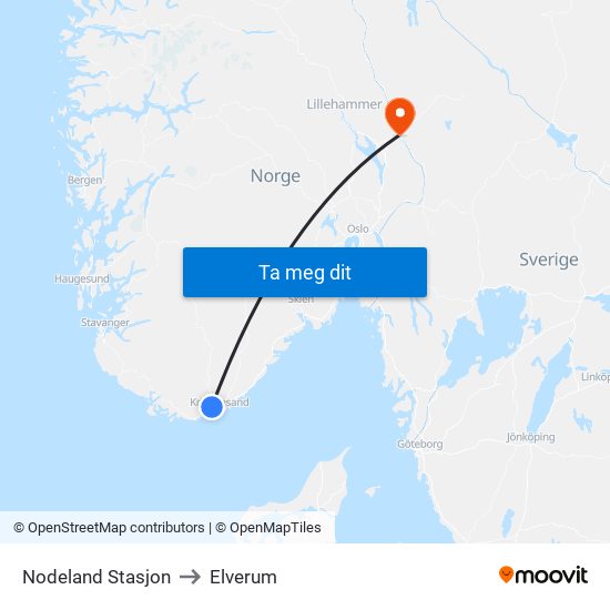 Nodeland Stasjon to Elverum map