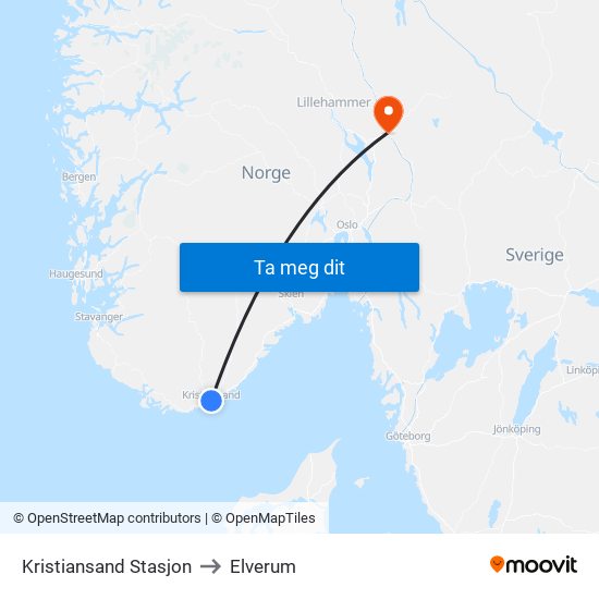 Kristiansand Stasjon to Elverum map