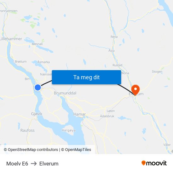 Moelv E6 to Elverum map