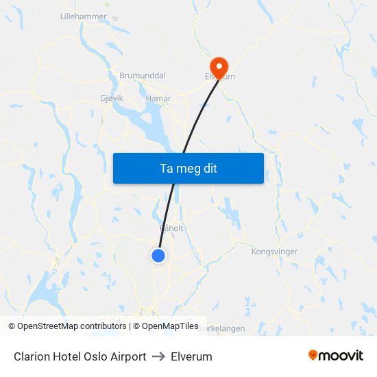 Clarion Hotel Oslo Airport to Elverum map