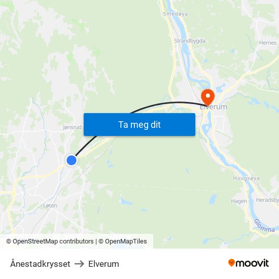 Ånestadkrysset to Elverum map