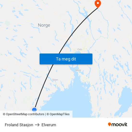 Froland Stasjon to Elverum map