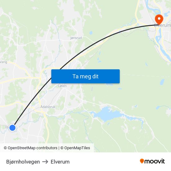 Bjørnholvegen to Elverum map