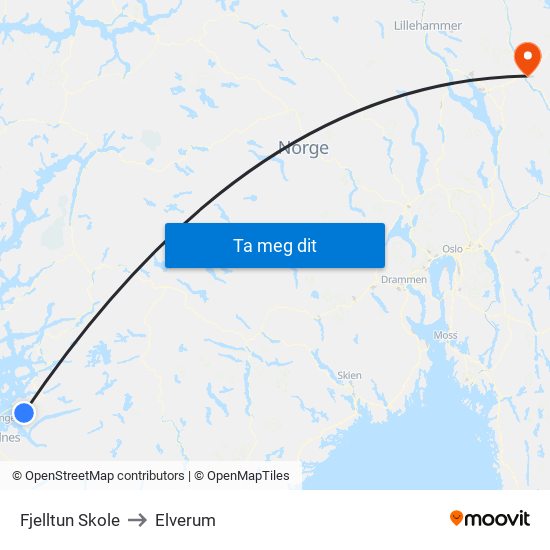 Fjelltun Skole to Elverum map