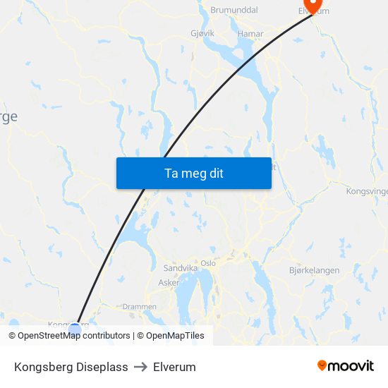 Kongsberg Diseplass to Elverum map
