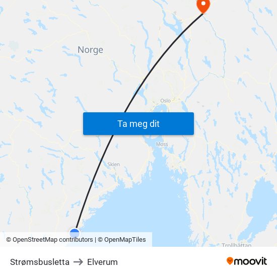 Strømsbusletta to Elverum map