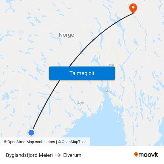 Byglandsfjord Meieri to Elverum map