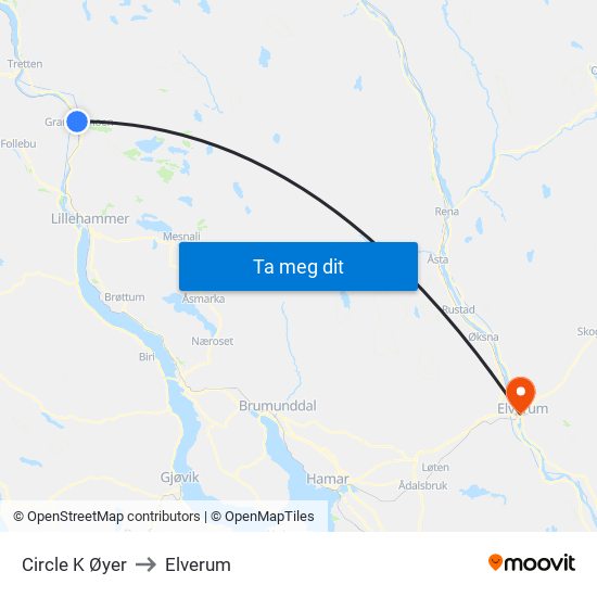 Circle K Øyer to Elverum map