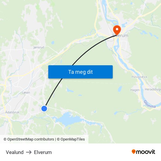 Vealund to Elverum map