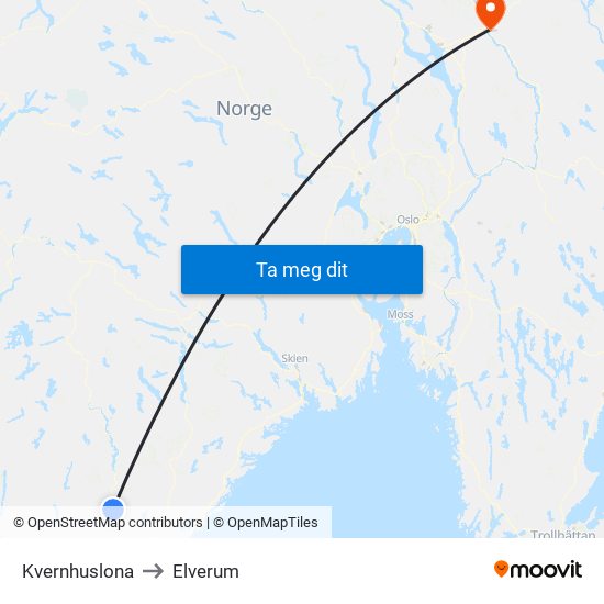 Kvernhuslona to Elverum map