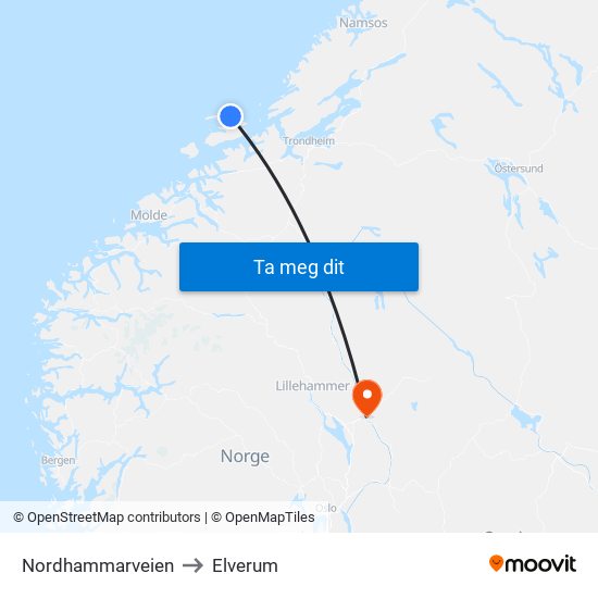 Nordhammarveien to Elverum map