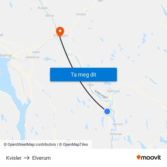 Kvisler to Elverum map