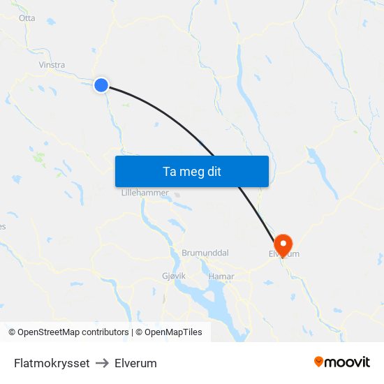 Flatmokrysset to Elverum map