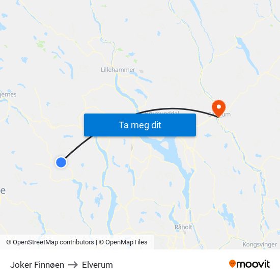 Joker Finnøen to Elverum map