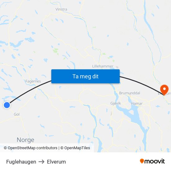 Fuglehaugen to Elverum map