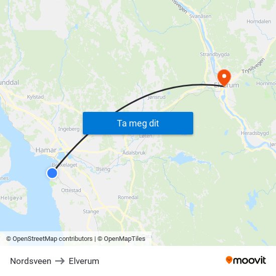 Nordsveen to Elverum map