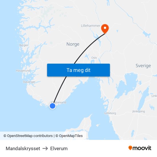 Mandalskrysset to Elverum map