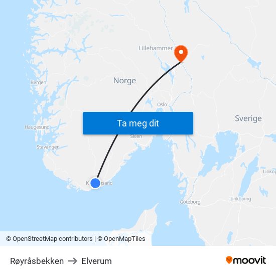 Røyråsbekken to Elverum map