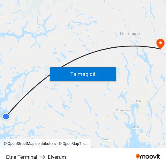 Etne Terminal to Elverum map