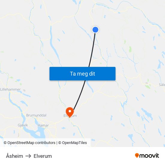 Åsheim to Elverum map