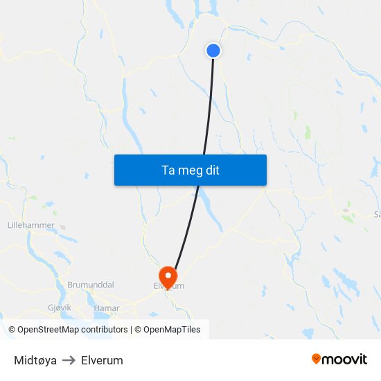 Midtøya to Elverum map