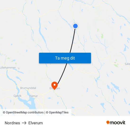 Nordnes to Elverum map