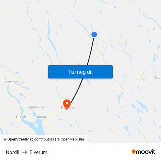 Nordli to Elverum map