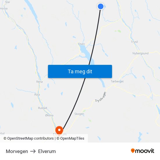Morvegen to Elverum map