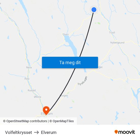 Volfeltkrysset to Elverum map