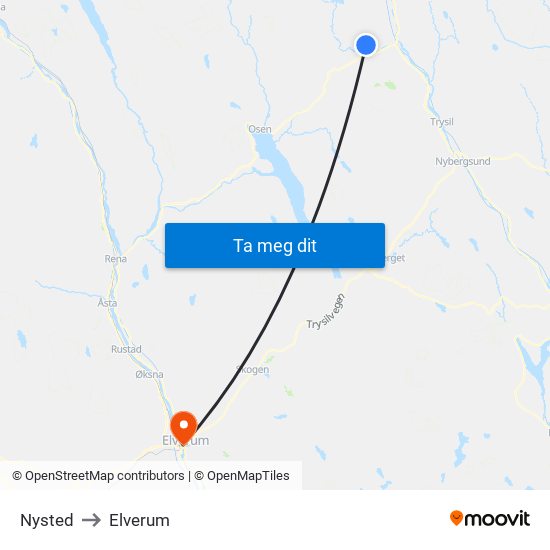 Nysted to Elverum map