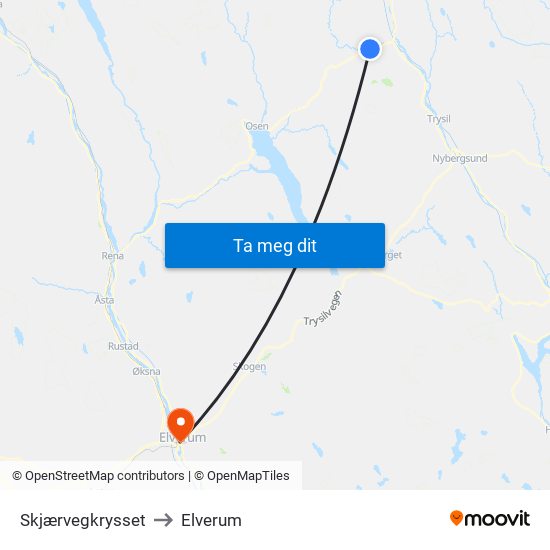 Skjærvegkrysset to Elverum map