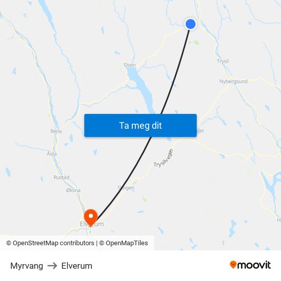 Myrvang to Elverum map