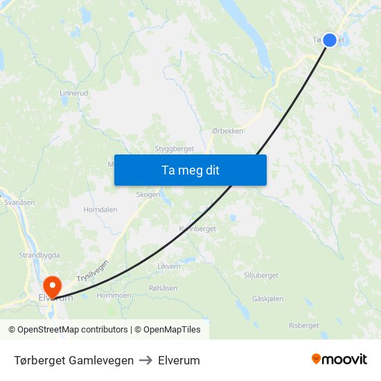 Tørberget Gamlevegen to Elverum map