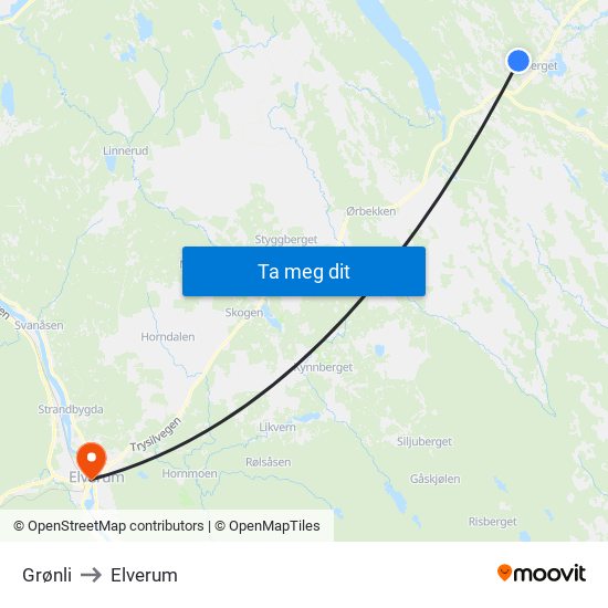 Grønli to Elverum map