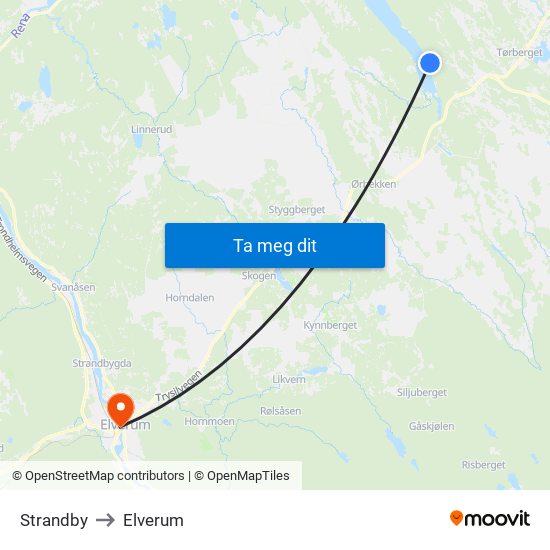 Strandby to Elverum map