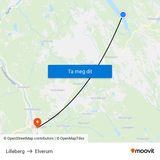 Lilleberg to Elverum map