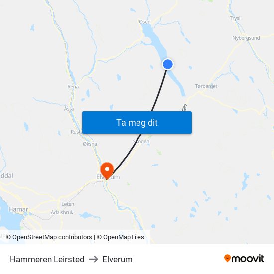 Hammeren Leirsted to Elverum map