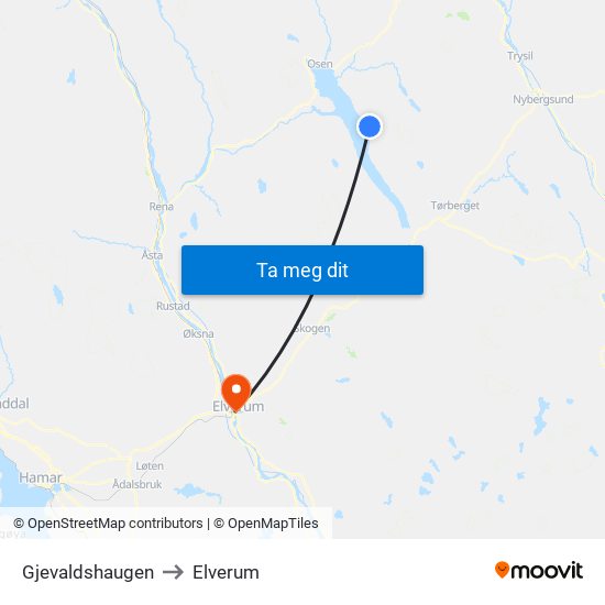 Gjevaldshaugen to Elverum map
