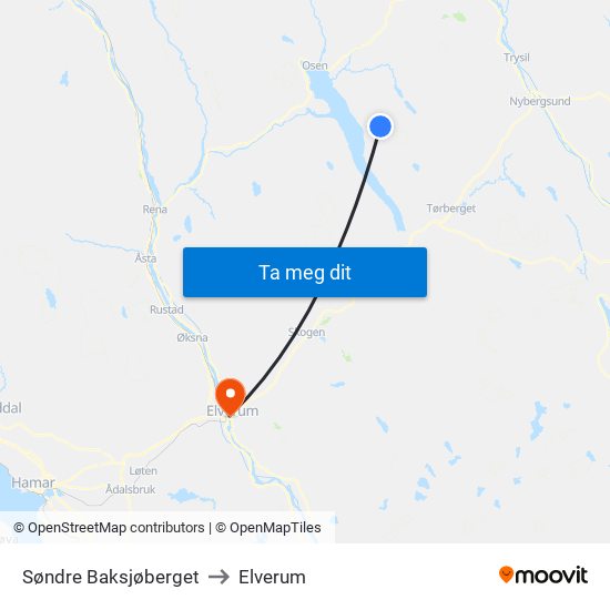 Søndre Baksjøberget to Elverum map