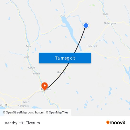 Vestby to Elverum map