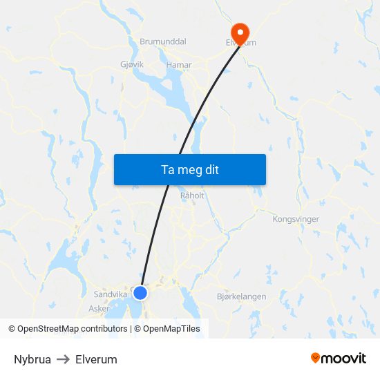 Nybrua to Elverum map