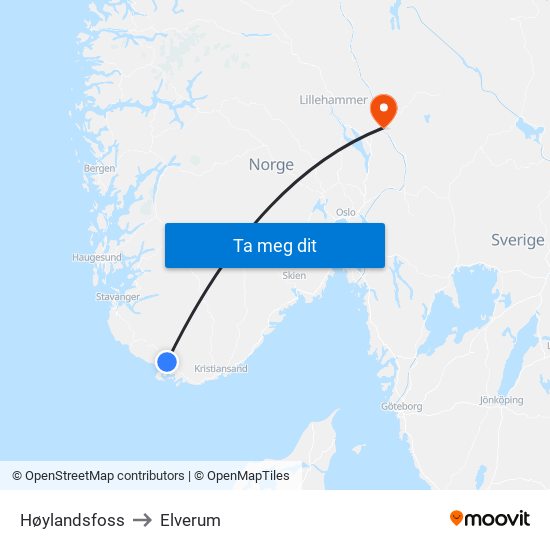 Høylandsfoss to Elverum map
