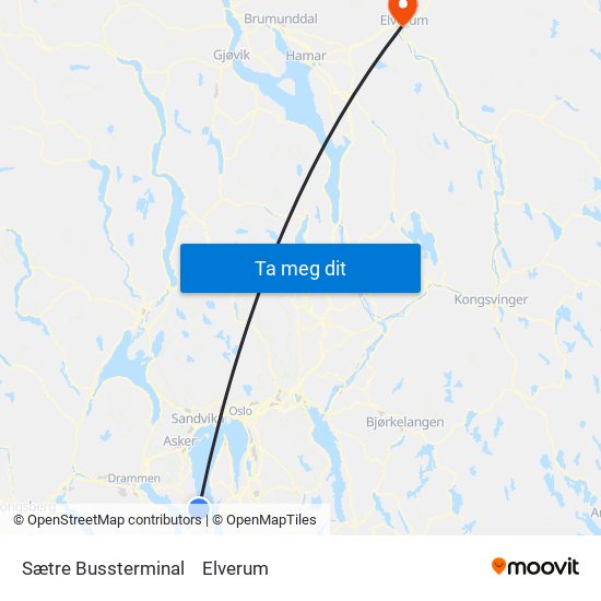 Sætre Bussterminal to Elverum map