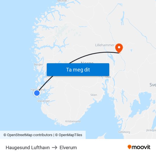 Haugesund Lufthavn to Elverum map