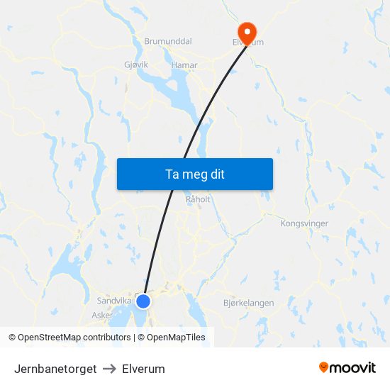Jernbanetorget to Elverum map