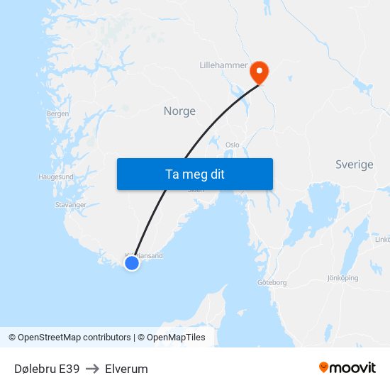 Dølebru E39 to Elverum map