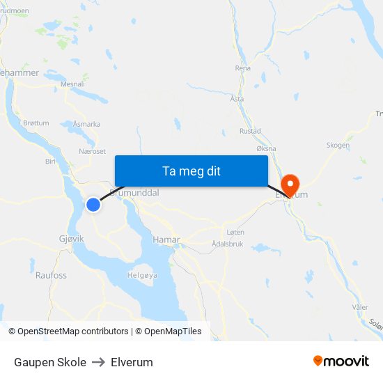 Gaupen Skole to Elverum map
